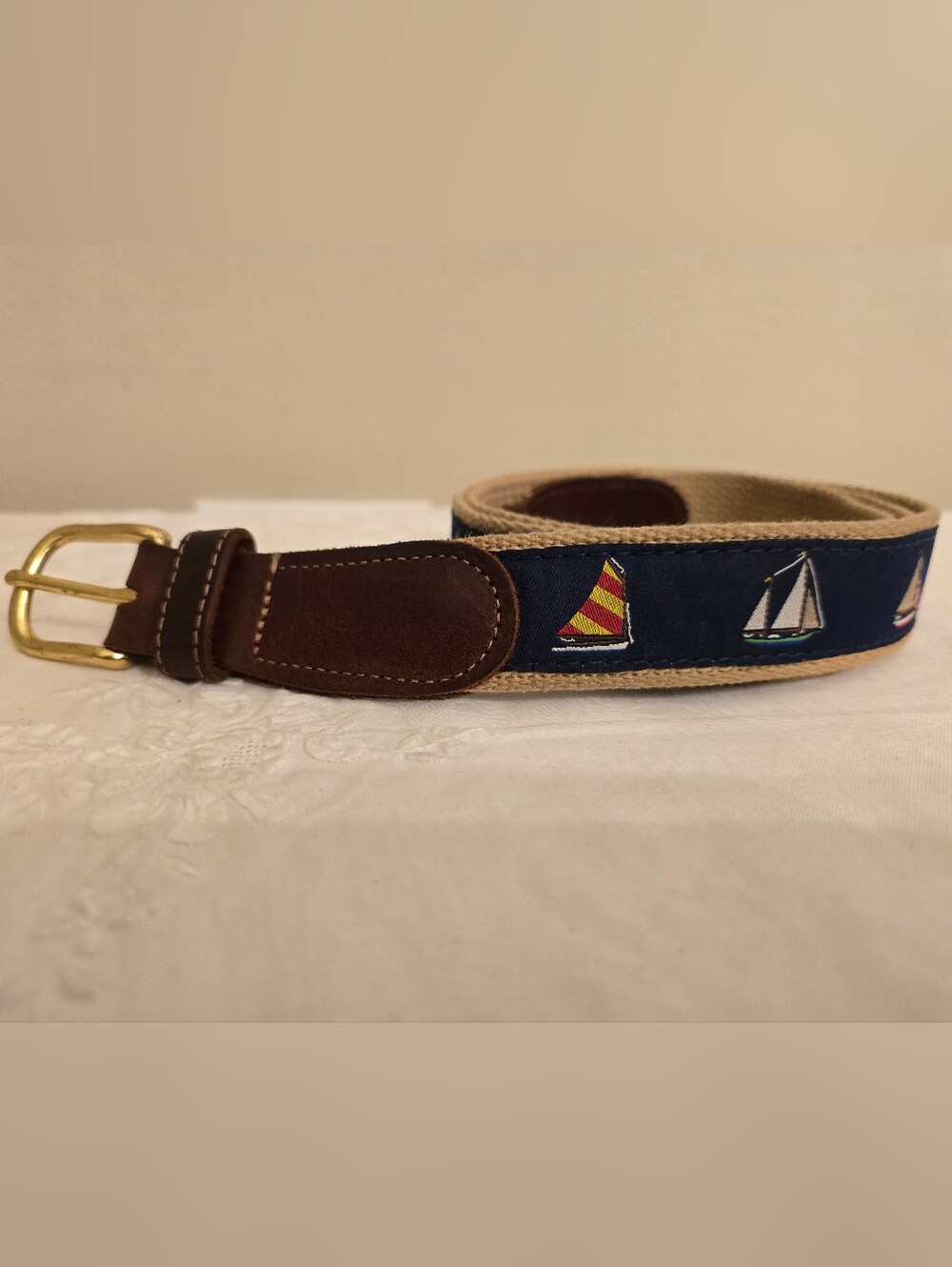 Preston Brand  Navy Nautical Embroidered Canvas Belt with Brown Leather Trim 40